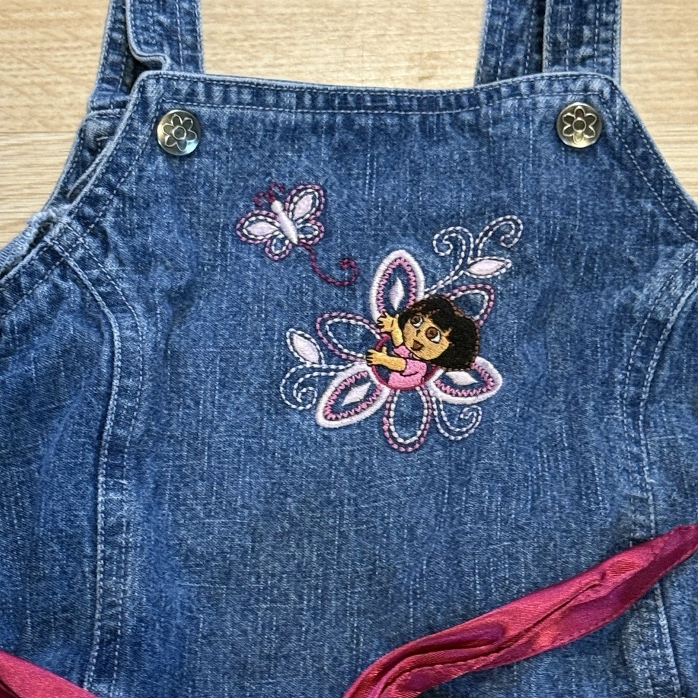 Dora The Explorer Denim Jumper Dress Size 4T Vintage Y2K Nick Jr Bow Embroidered